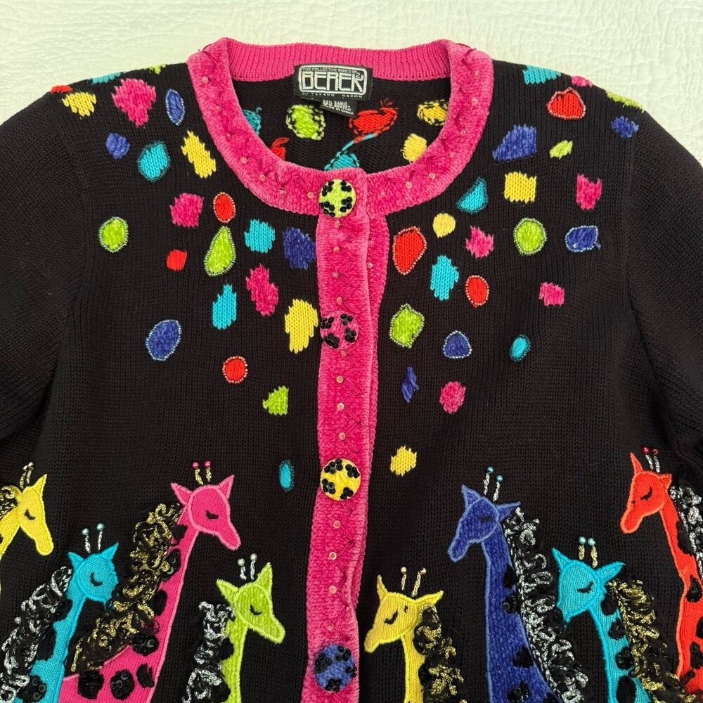 Vintage BEREK Giraffe Cardigan Sweater Women Size S Multi Stretch Knit Beaded - Picture 2 of 7